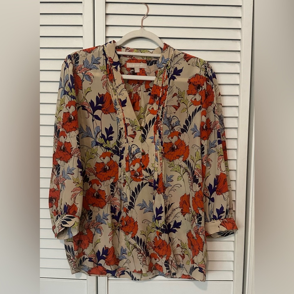 Banana Republic Beige Blouse with Orange and Navy Floral Print